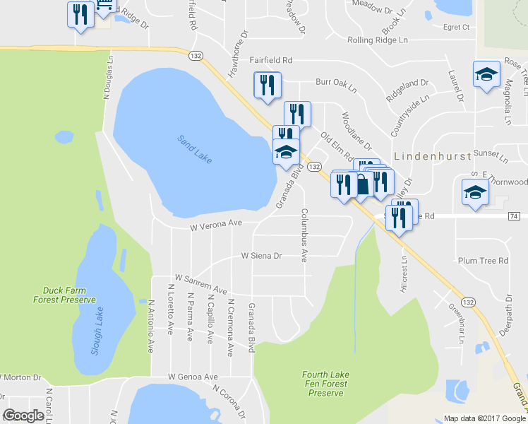 map of restaurants, bars, coffee shops, grocery stores, and more near 37500 Granada Boulevard in Lake Villa