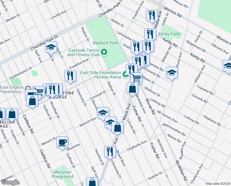 map of restaurants, bars, coffee shops, grocery stores, and more near 4584 Radnor Street in Detroit