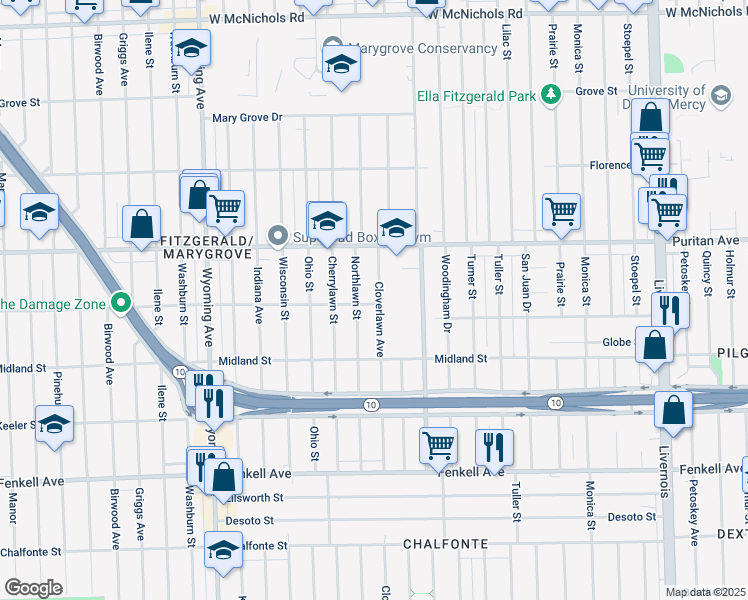 map of restaurants, bars, coffee shops, grocery stores, and more near 15801 Cloverlawn Avenue in Detroit