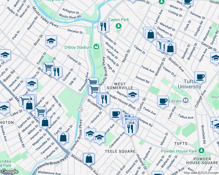 map of restaurants, bars, coffee shops, grocery stores, and more near 68 North Street in Somerville