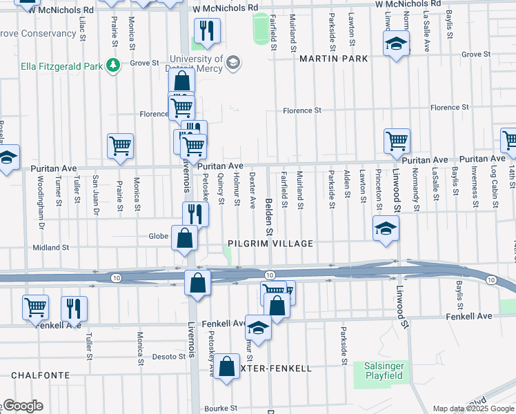 map of restaurants, bars, coffee shops, grocery stores, and more near 15816 Dexter Avenue in Detroit