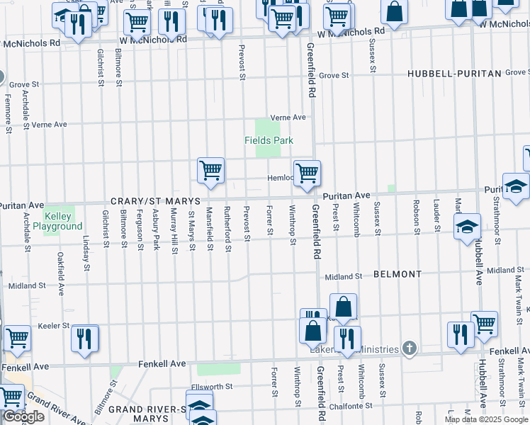 map of restaurants, bars, coffee shops, grocery stores, and more near 15883 Forrer Street in Detroit