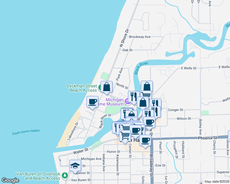 map of restaurants, bars, coffee shops, grocery stores, and more near 220 Park Avenue in South Haven