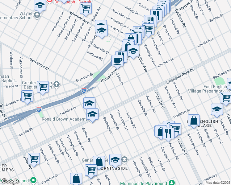 map of restaurants, bars, coffee shops, grocery stores, and more near 5791 Bedford Street in Detroit