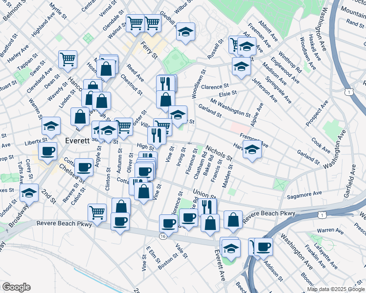 map of restaurants, bars, coffee shops, grocery stores, and more near 148 Irving Street in Everett