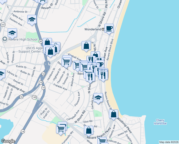 map of restaurants, bars, coffee shops, grocery stores, and more near 1510 North Shore Road in Revere