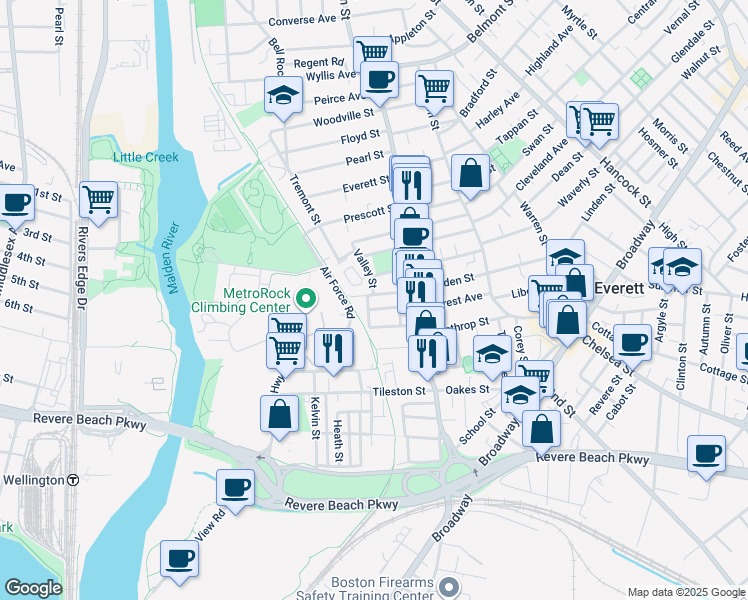 map of restaurants, bars, coffee shops, grocery stores, and more near 38 Waters Avenue in Everett