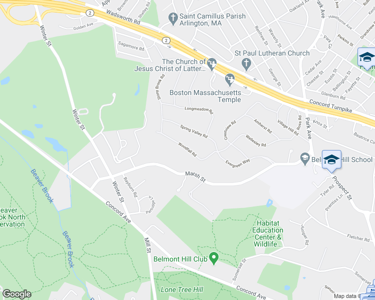 map of restaurants, bars, coffee shops, grocery stores, and more near 50 Woodfall Road in Belmont