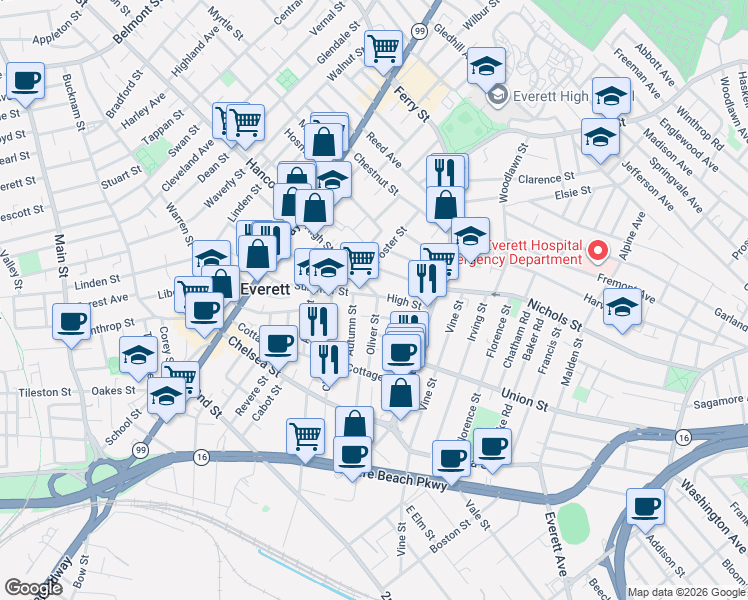 map of restaurants, bars, coffee shops, grocery stores, and more near 105 Summer Street in Everett