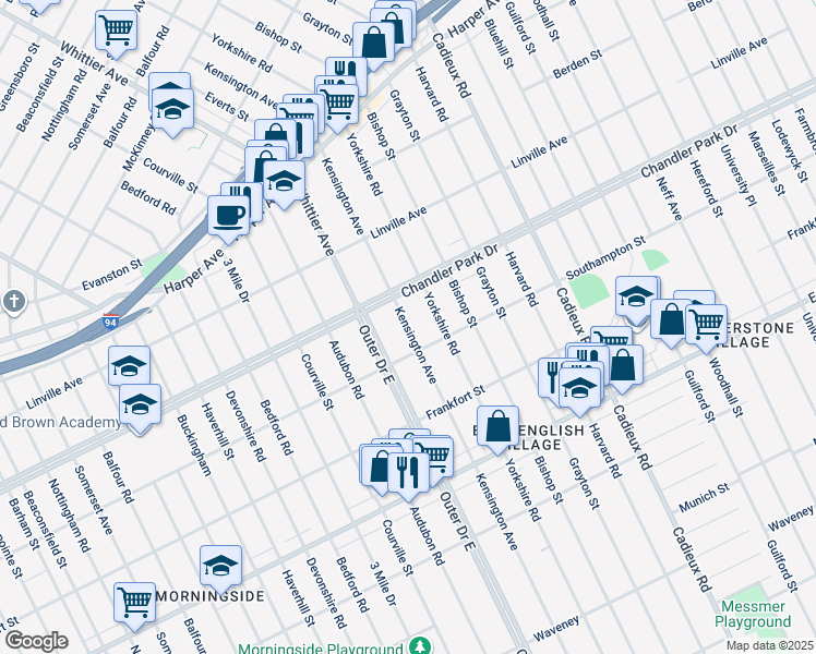 map of restaurants, bars, coffee shops, grocery stores, and more near 5551 Kensington Avenue in Detroit