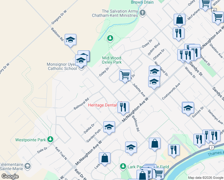 map of restaurants, bars, coffee shops, grocery stores, and more near 438 Baldoon Road in Chatham