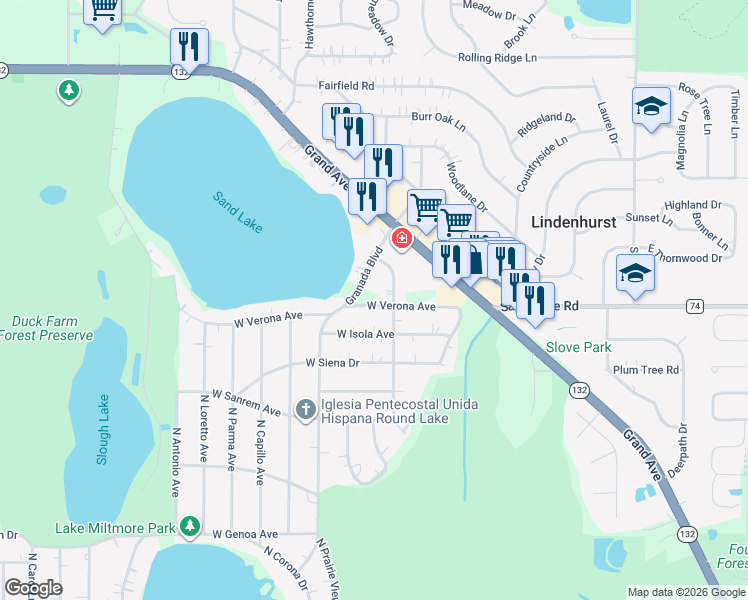 map of restaurants, bars, coffee shops, grocery stores, and more near 37506 Columbus Avenue in Lake Villa