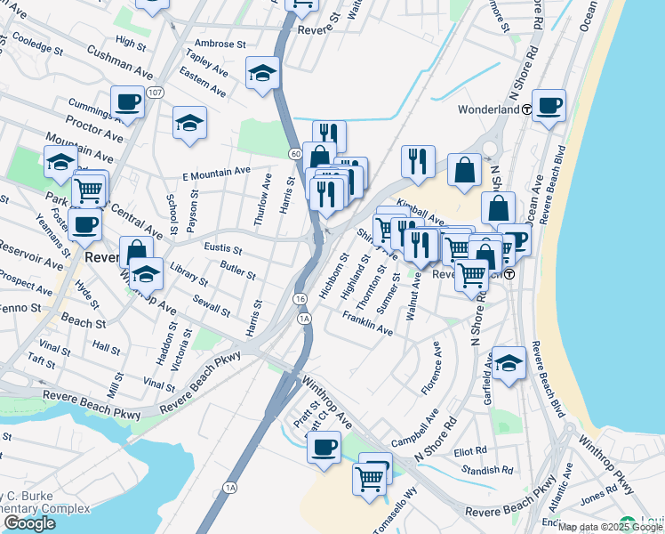 map of restaurants, bars, coffee shops, grocery stores, and more near 42 Hichborn Street in Revere