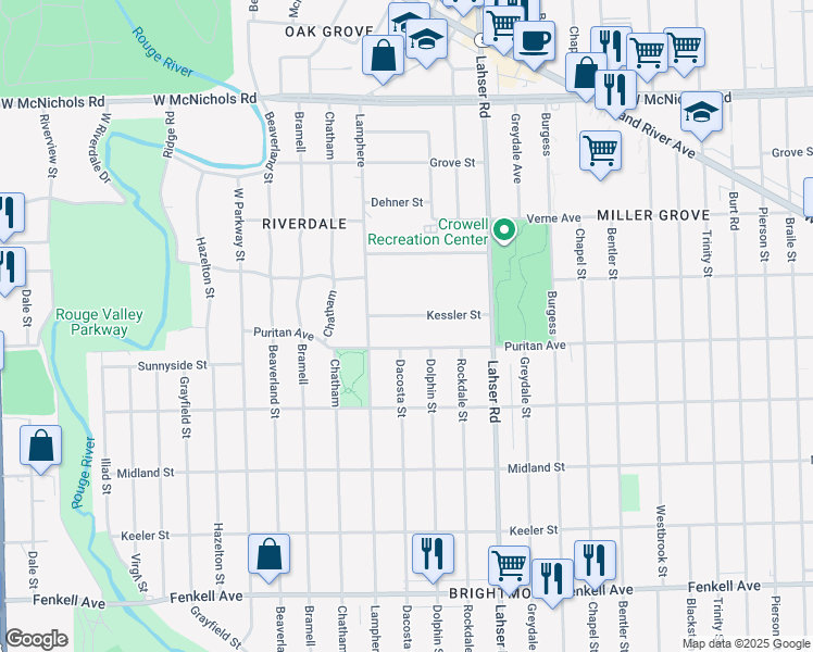 map of restaurants, bars, coffee shops, grocery stores, and more near 22181 Kessler Street in Detroit