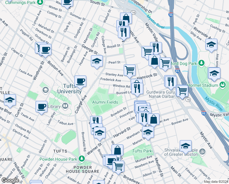 map of restaurants, bars, coffee shops, grocery stores, and more near 26 Renfrew Street in Medford