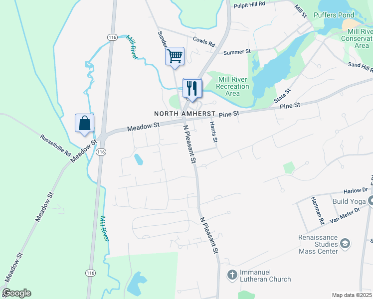 map of restaurants, bars, coffee shops, grocery stores, and more near 1136 North Pleasant Street in Amherst