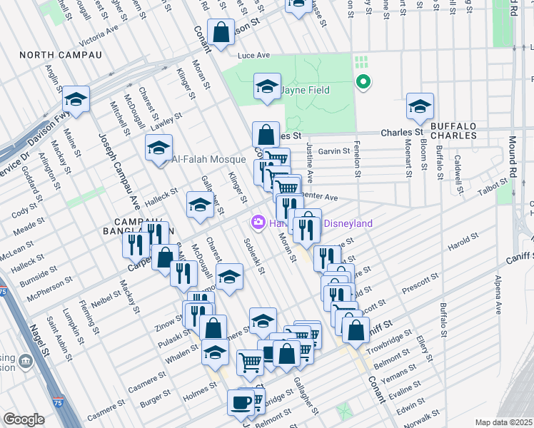 map of restaurants, bars, coffee shops, grocery stores, and more near 12127 Moran Street in Hamtramck