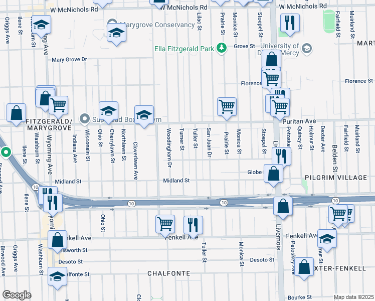 map of restaurants, bars, coffee shops, grocery stores, and more near 15838 Turner Street in Detroit