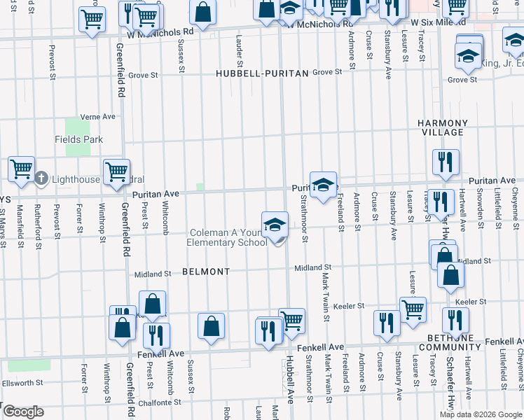 map of restaurants, bars, coffee shops, grocery stores, and more near 15861 Marlowe Street in Detroit