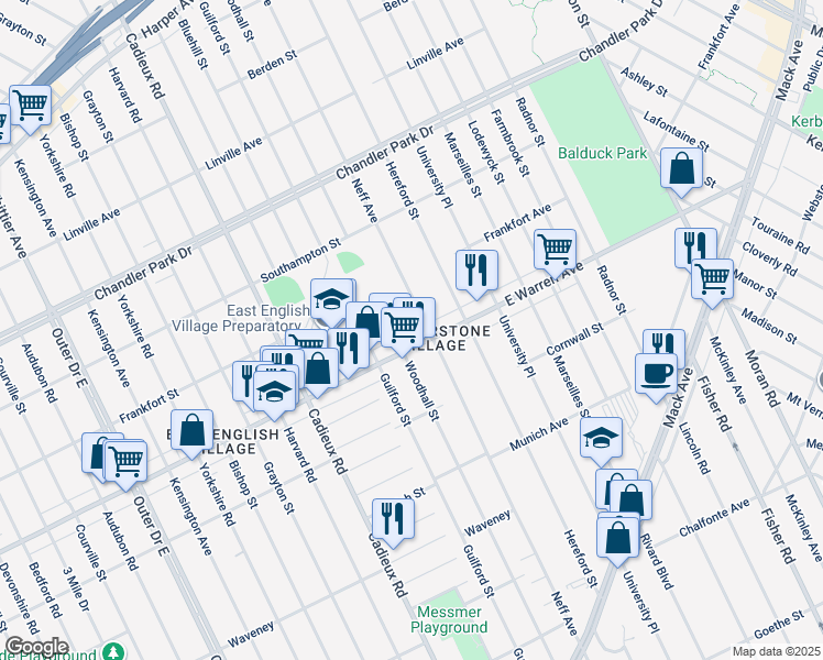 map of restaurants, bars, coffee shops, grocery stores, and more near 5024 Woodhall Street in Detroit