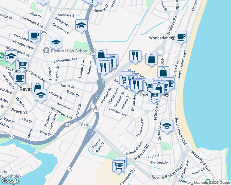 map of restaurants, bars, coffee shops, grocery stores, and more near 61 Highland Street in Revere