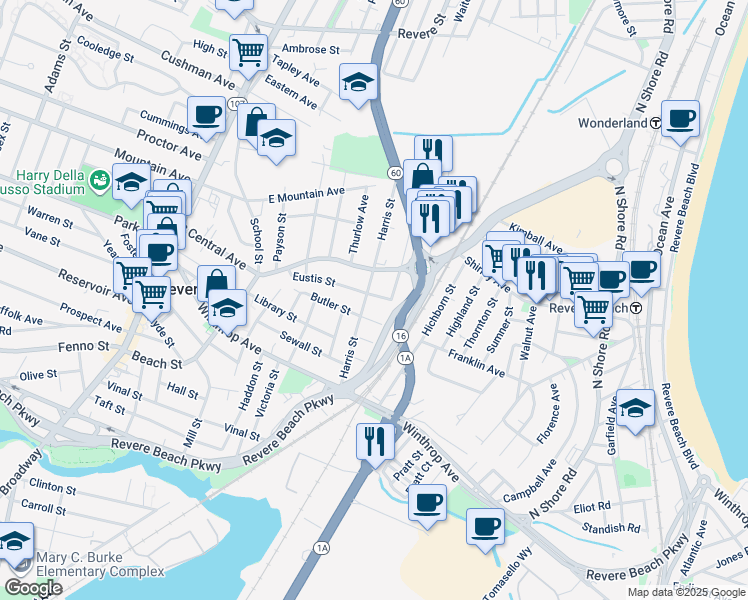 map of restaurants, bars, coffee shops, grocery stores, and more near 99 Harris Street in Revere