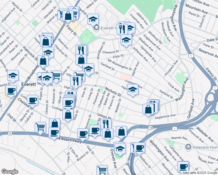 map of restaurants, bars, coffee shops, grocery stores, and more near 104 Nichols Street in Everett