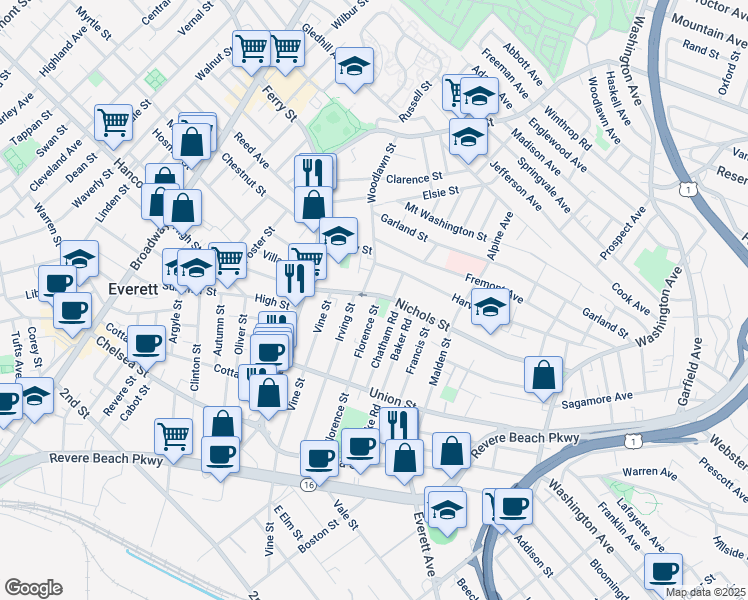 map of restaurants, bars, coffee shops, grocery stores, and more near Florence Street in Everett