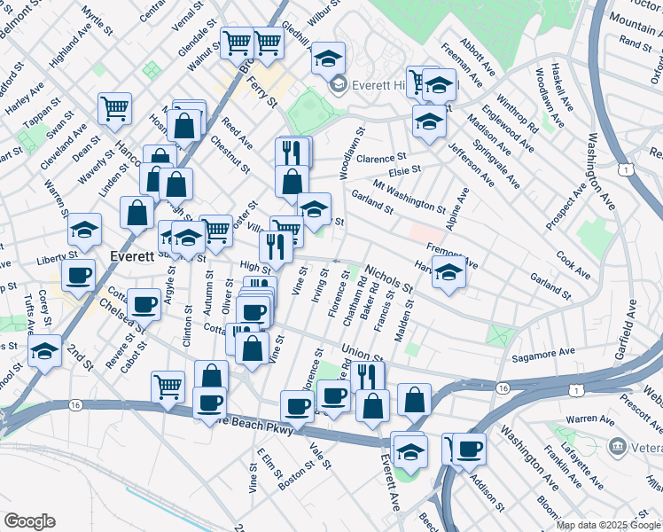 map of restaurants, bars, coffee shops, grocery stores, and more near 148 Irving Street in Everett