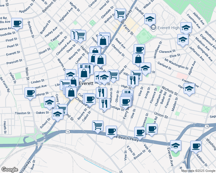 map of restaurants, bars, coffee shops, grocery stores, and more near 89 Clinton Street in Everett