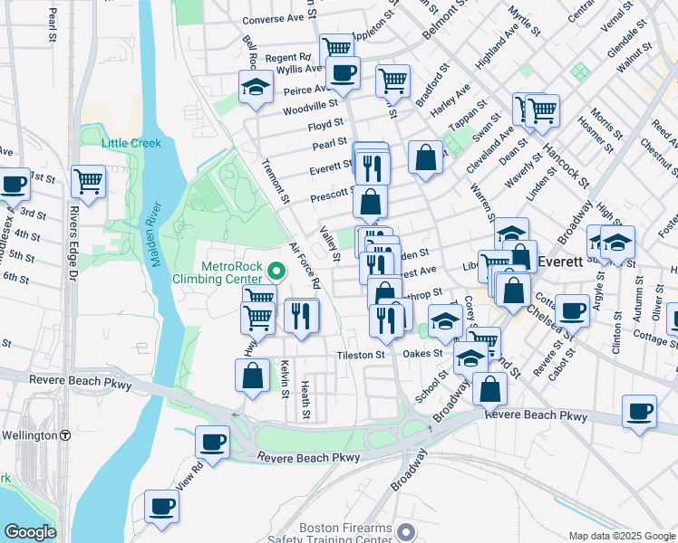 map of restaurants, bars, coffee shops, grocery stores, and more near 38 Waters Avenue in Everett