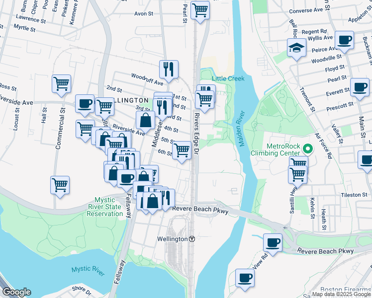 map of restaurants, bars, coffee shops, grocery stores, and more near 4 5th Street in Medford