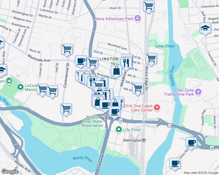 map of restaurants, bars, coffee shops, grocery stores, and more near 11 Bradbury Avenue in Medford