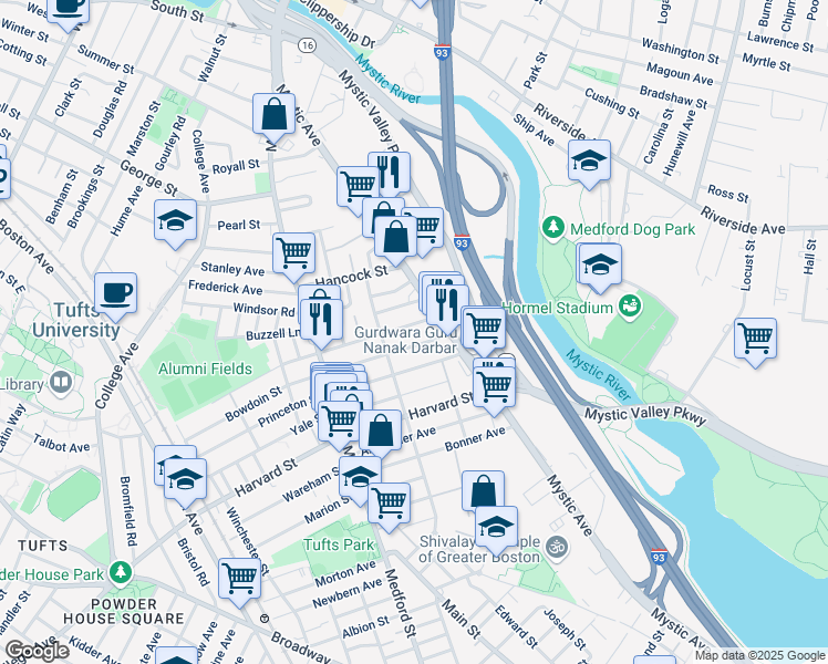 map of restaurants, bars, coffee shops, grocery stores, and more near 100 Bowen Avenue in Medford