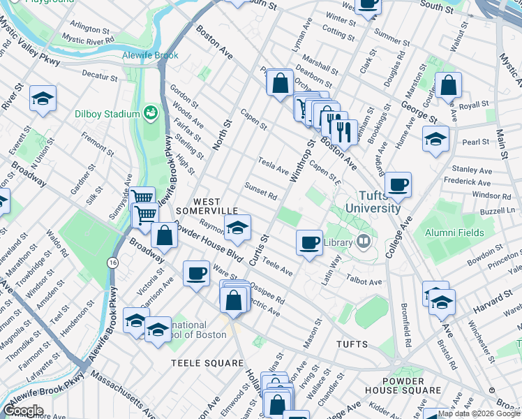 map of restaurants, bars, coffee shops, grocery stores, and more near 27 Curtis Avenue in Somerville