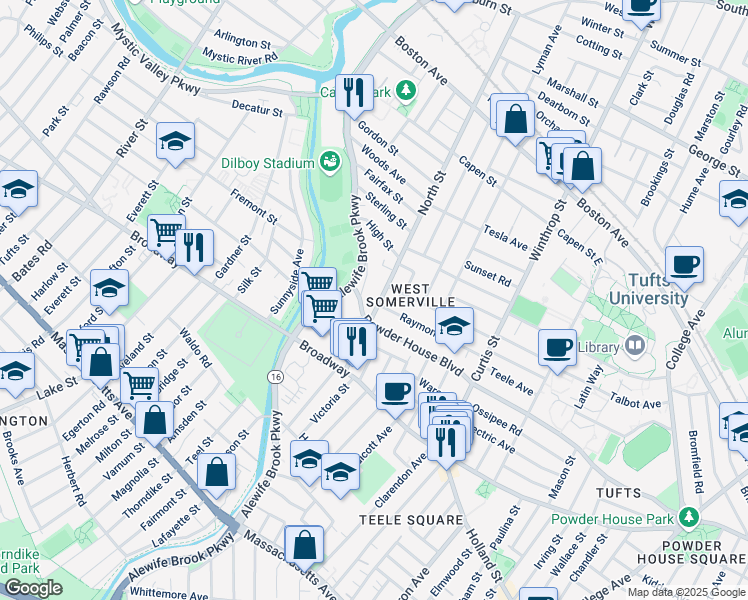 map of restaurants, bars, coffee shops, grocery stores, and more near 66 North Street in Somerville