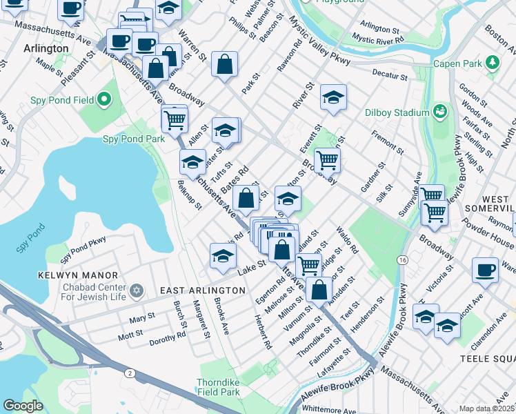 map of restaurants, bars, coffee shops, grocery stores, and more near 21 Everett Street in Arlington