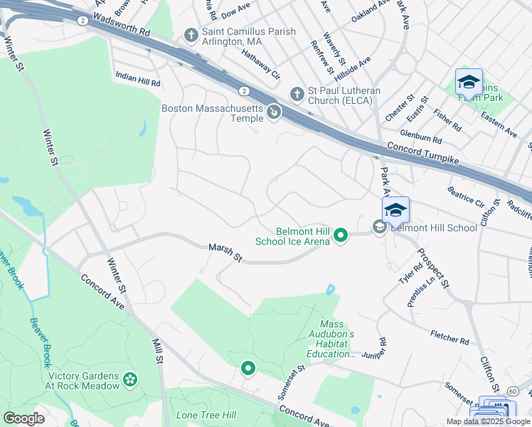 map of restaurants, bars, coffee shops, grocery stores, and more near 134 Wellesley Road in Belmont