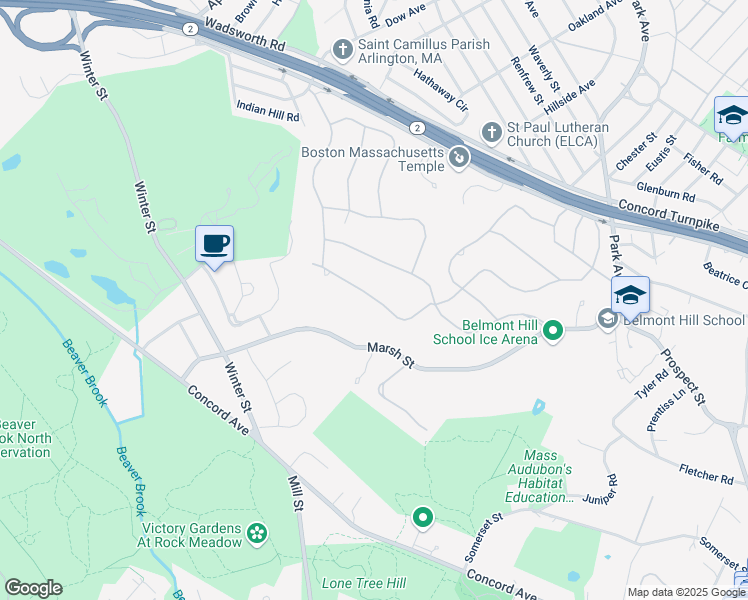 map of restaurants, bars, coffee shops, grocery stores, and more near 50 Woodfall Road in Belmont