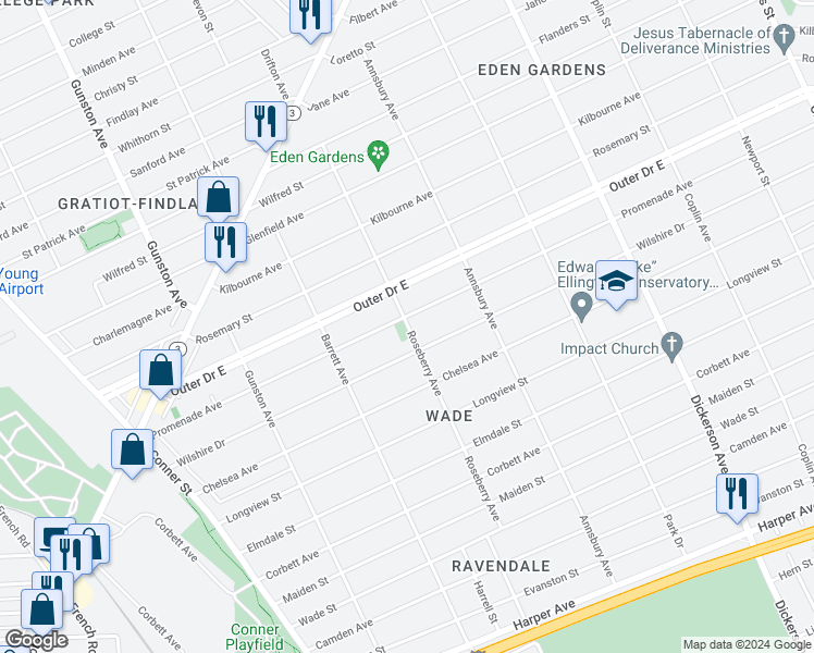 map of restaurants, bars, coffee shops, grocery stores, and more near 12112 Promenade Avenue in Detroit