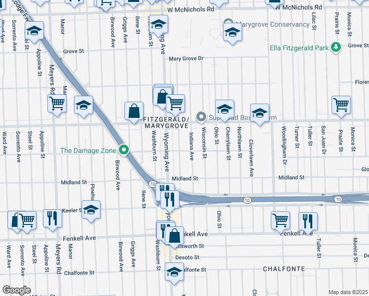 map of restaurants, bars, coffee shops, grocery stores, and more near 15800 Kentucky Street in Detroit