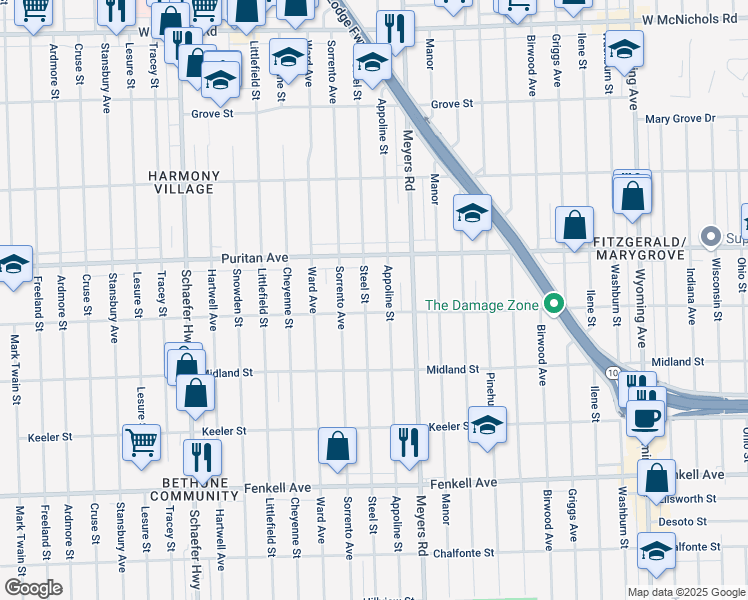 map of restaurants, bars, coffee shops, grocery stores, and more near 15819 Steel Street in Detroit