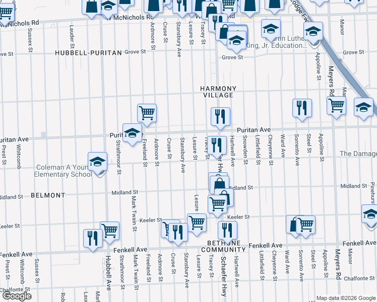 map of restaurants, bars, coffee shops, grocery stores, and more near 15840 Stansbury Avenue in Detroit