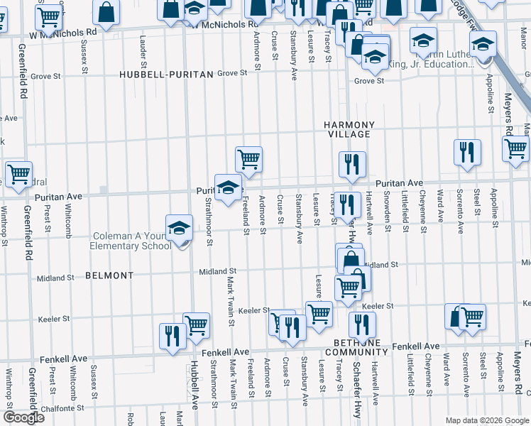 map of restaurants, bars, coffee shops, grocery stores, and more near 15835 Cruse Street in Detroit