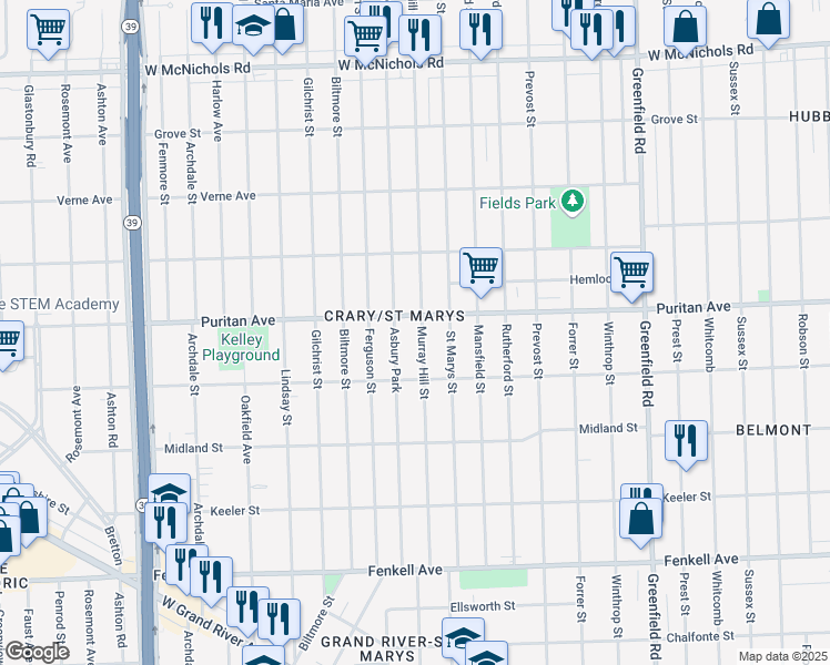 map of restaurants, bars, coffee shops, grocery stores, and more near 15891 Murray Hill Street in Detroit