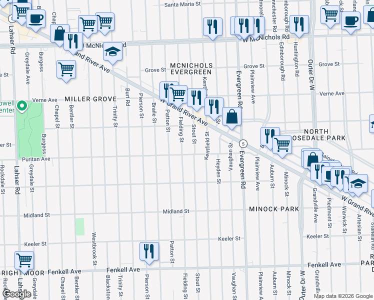 map of restaurants, bars, coffee shops, grocery stores, and more near 16104 Fielding Street in Detroit