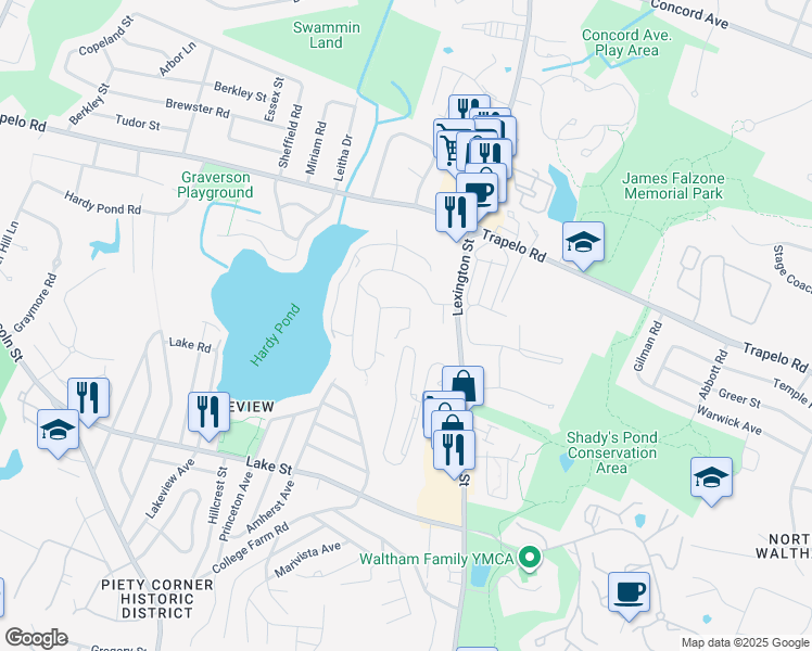 map of restaurants, bars, coffee shops, grocery stores, and more near 3604 Stearns Hill Road in Waltham