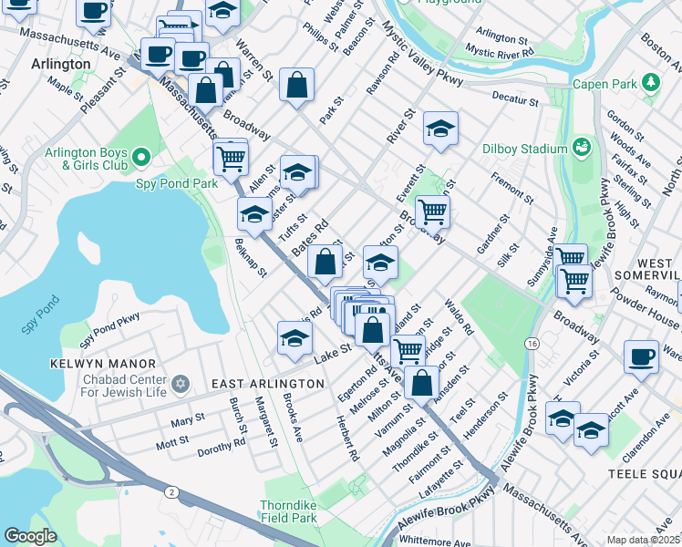 map of restaurants, bars, coffee shops, grocery stores, and more near 21 Everett Street in Arlington