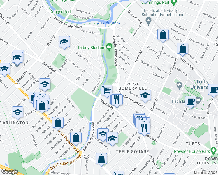 map of restaurants, bars, coffee shops, grocery stores, and more near 326 Alewife Brook Parkway in Somerville