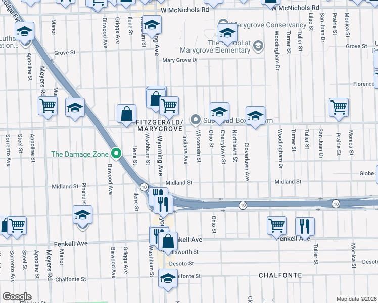 map of restaurants, bars, coffee shops, grocery stores, and more near 15803 Wisconsin Street in Detroit